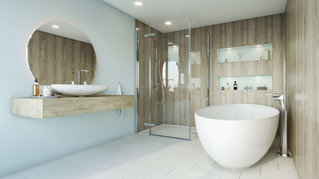 moderne Badewanne mit Dusche, Spiegelschrank und Waschbecken
